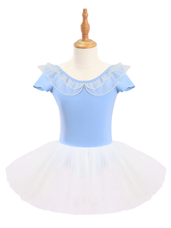 Girls Blue Ruffle Neck Ballet Leotard Tutu