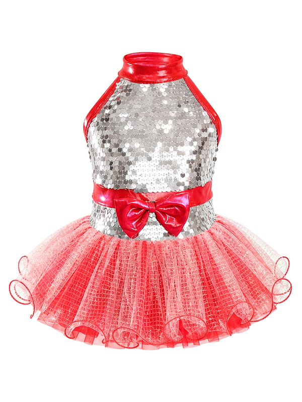 Kids Metallic Red Patent Trim Sparkly Stage Dance Costume