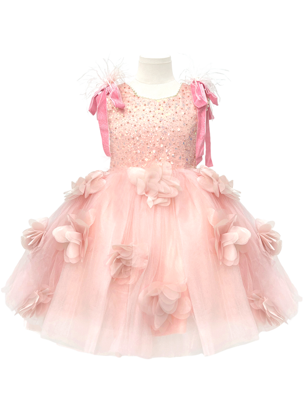 Sparkly Pink Flower Girl Dress with 3D Flowers-J274