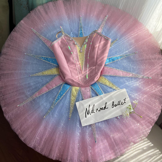 Radiant Pink and Pastel Ballet Tutu with Starburst Design and Crystal Accents - MDT1159