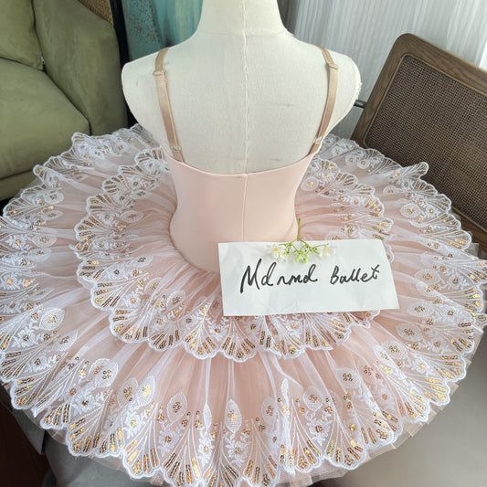 Exquisite Pink Ballet Tutu with Embroidered Lace and Sparkling Sequin Accents - MDT0397