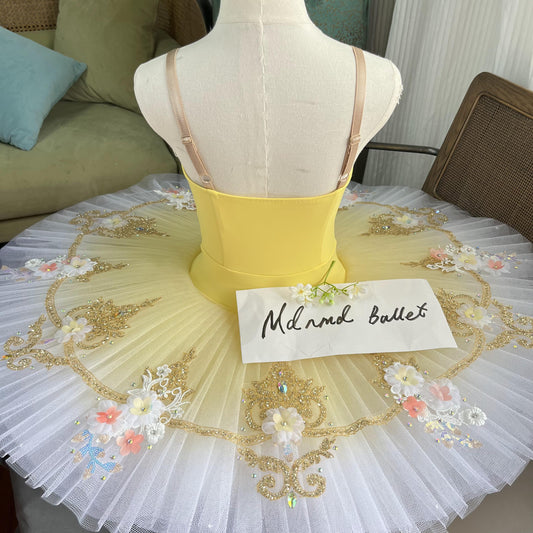 Floral Embellished Ballet Tutu with Sequins in Peach and Yellow - MDT1108