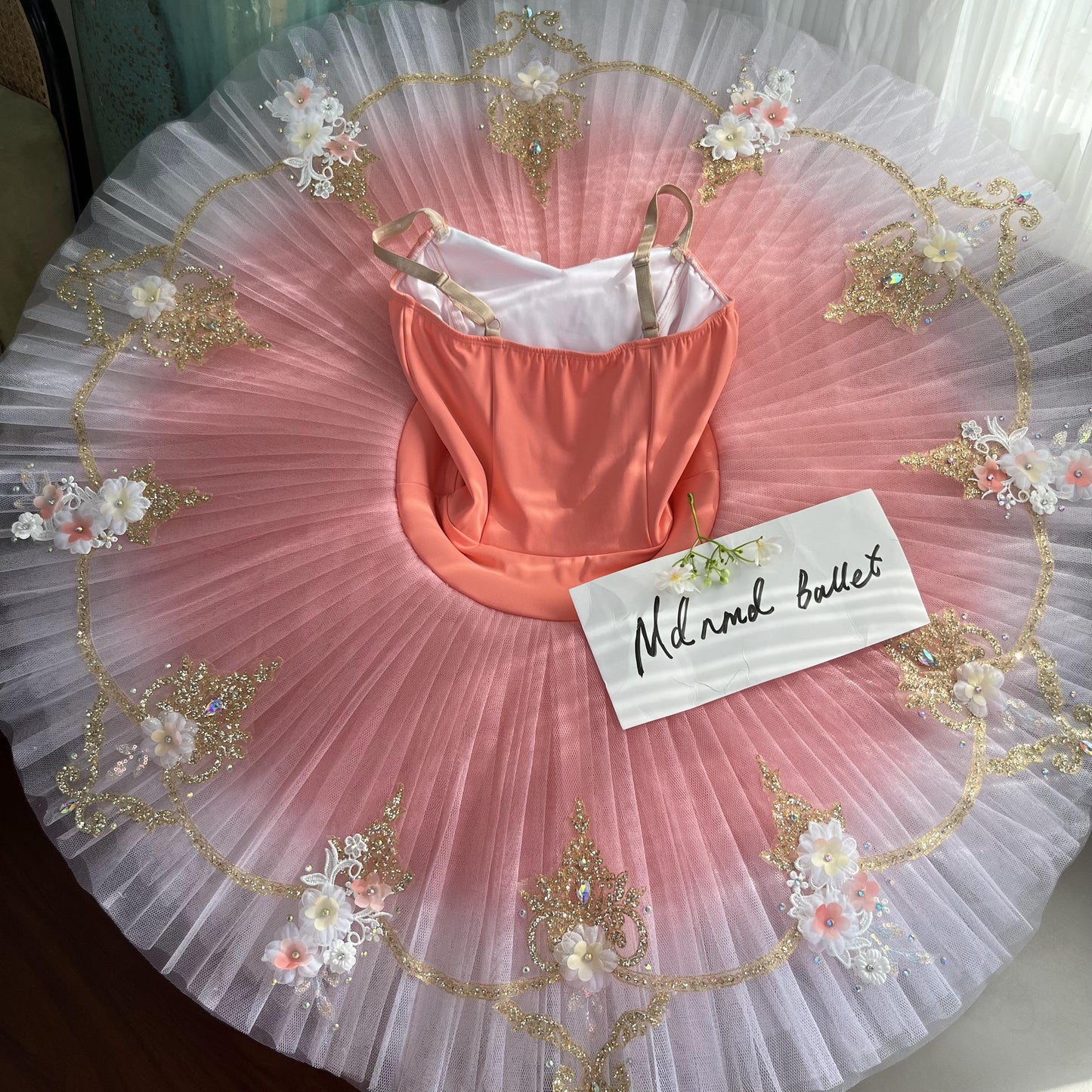 Floral Embellished Ballet Tutu with Sequins in Peach and Yellow - MDT1108