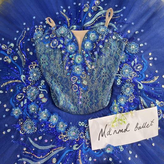 Royal Blue Ballet Tutu Dress with Floral Lace and Crystal Embellishments - MDT0634