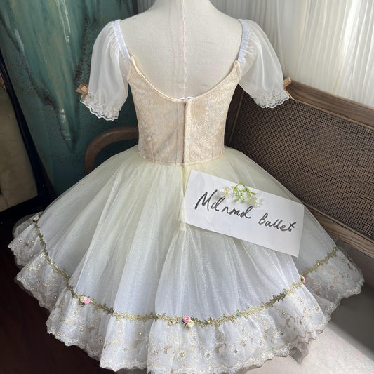 Romantic Floral Ballet Tutu Dress with Lace Corset & Puffy Sleeves - MDC0791