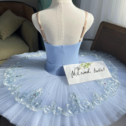 Elegant Blue Ballet Tutu with Lace Embellishments and Crystal Accents - MDT666