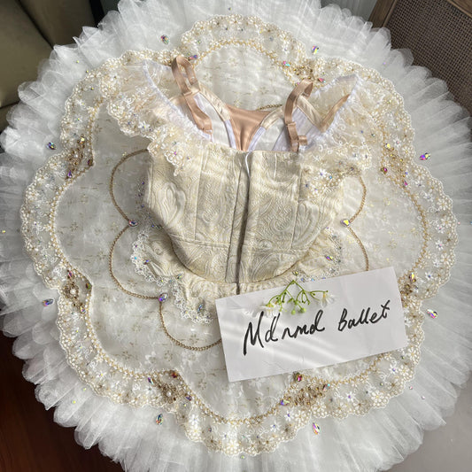 Elegant White Ballet Tutu with Gold Embellishments and Lace Sleeves - MDT1121