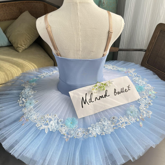 Delicate Blue Ballet Tutu with Floral Appliqué and Embroidered Lace - MDT0633