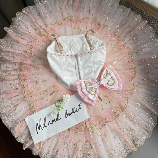 Luxurious Pink and White Ballet Tutu with Gold Embellishments and Satin Bow - MDT0938