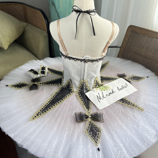 Exquisite White & Black Ballet Tutu Costume with Lace Embellishments - MDT0582