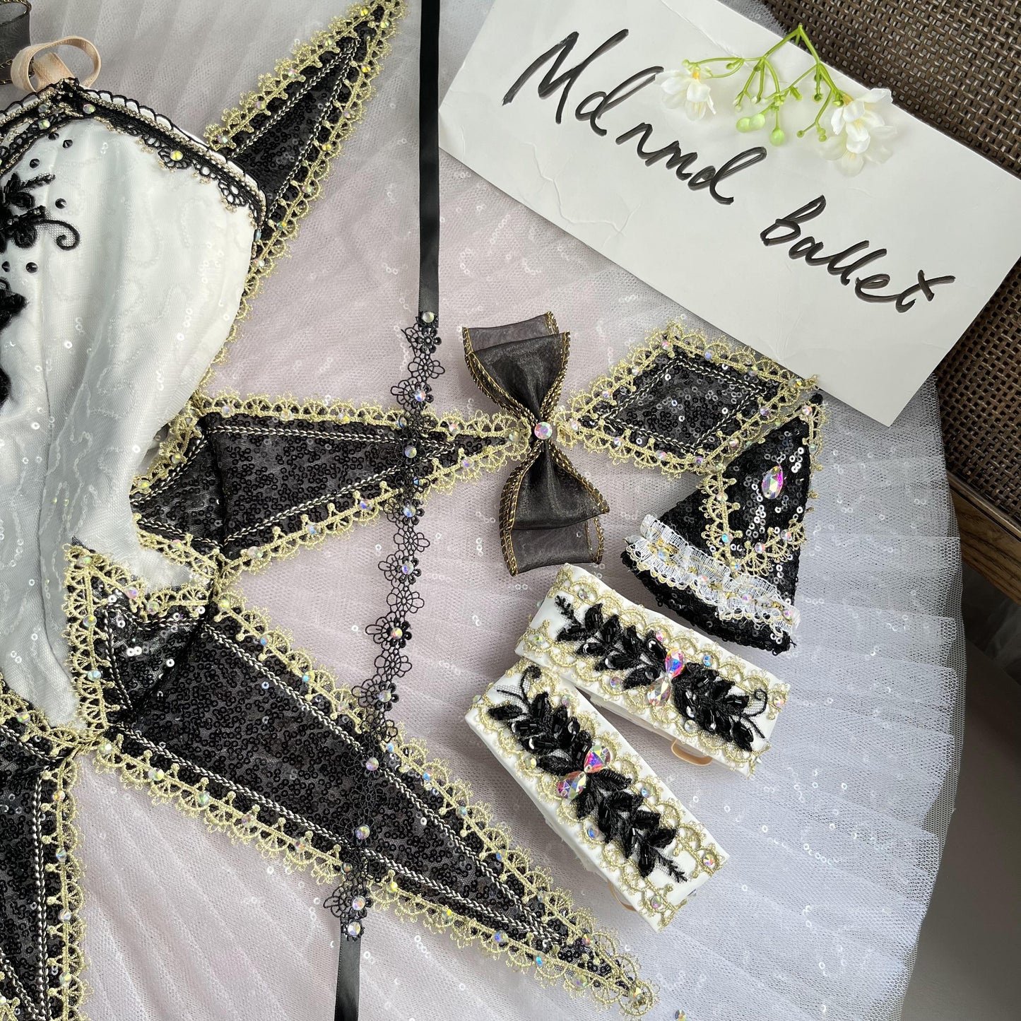 Exquisite White & Black Ballet Tutu Costume with Lace Embellishments - MDT0582