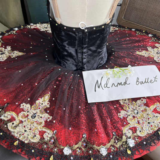 Exquisite Black and Red Ballet Tutu Costume with Gold Embellishments - MDT0774