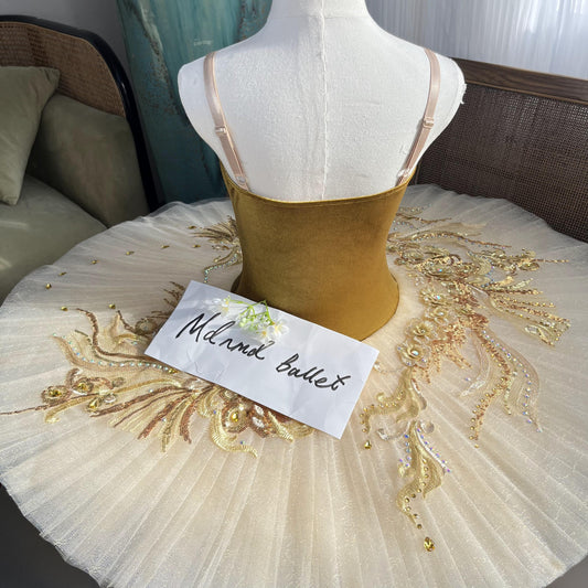 Golden Ballet Tutu with Luxurious Floral Embroidery and Sequin Detailing - MDT0941