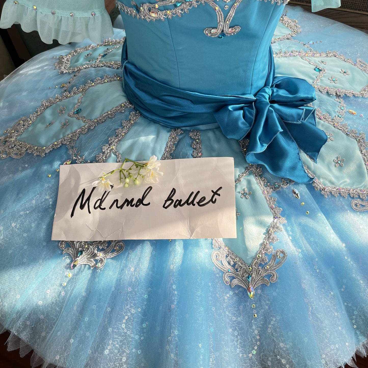 Elegant Sky-Blue Ballet Tutu with Embellished Bodice and Organza Sleeves - MDT0897