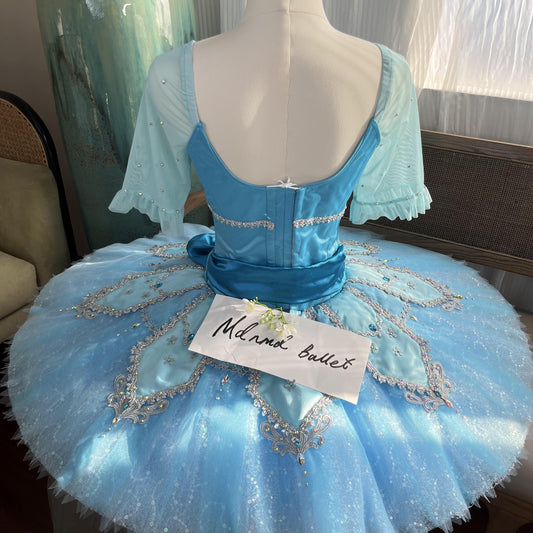 Elegant Sky-Blue Ballet Tutu with Embellished Bodice and Organza Sleeves - MDT0897