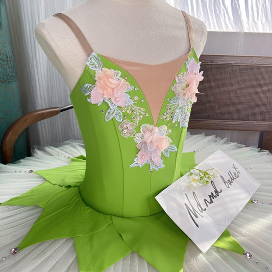 Green Ballet Tutu with Floral Appliqué and Petal Skirt Design - JYT0006