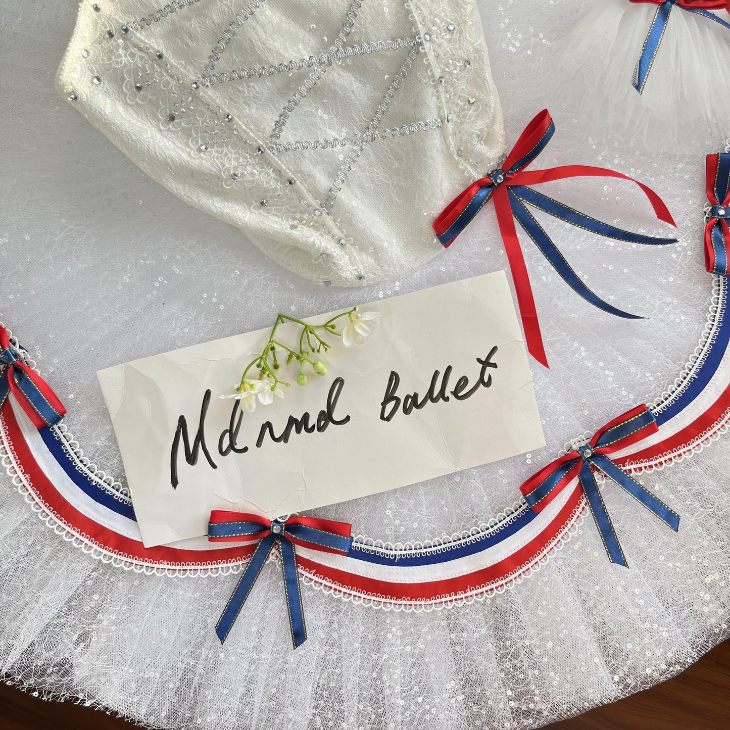 Elegant French-Inspired Ballet Tutu with Red, White, and Blue Ribbon Detailing - MDT0425
