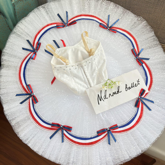 Elegant French-Inspired Ballet Tutu with Red, White, and Blue Ribbon Detailing - MDT0425
