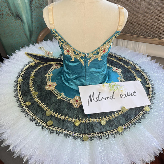 Elegant Teal Ballet Tutu Dress with Gold and Lace Accentss - MDT0141