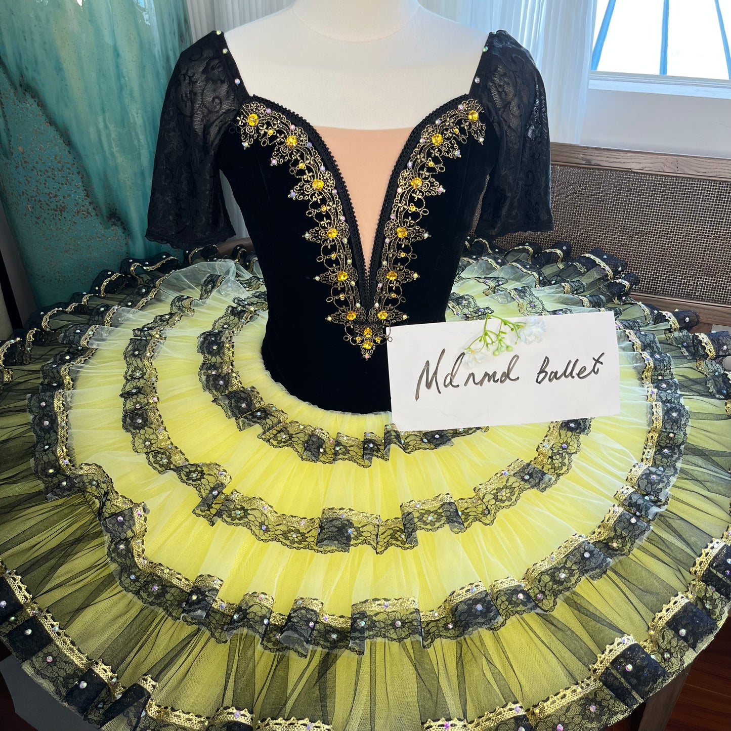Black and Yellow Ballet Tutu with Half-Sleeves and Embellished Bodice - MDT0367