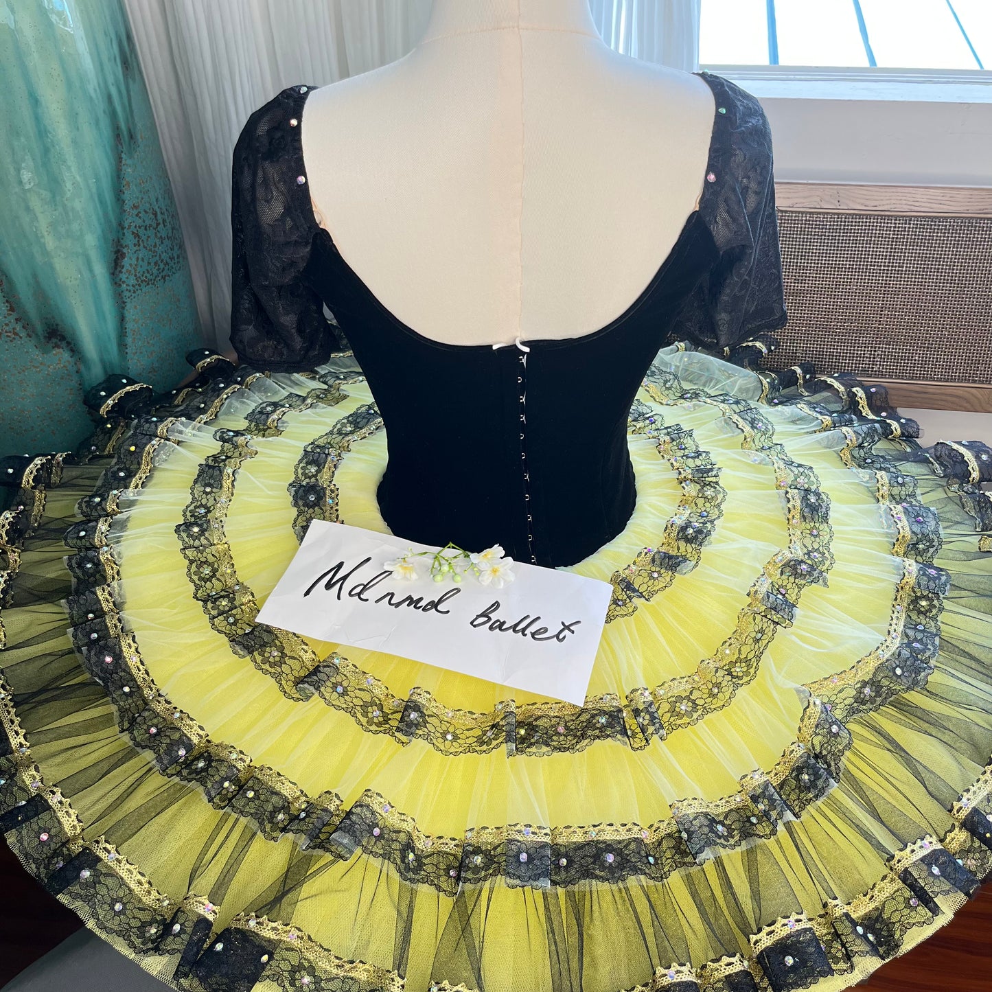 Black and Yellow Ballet Tutu with Half-Sleeves and Embellished Bodice - MDT0367