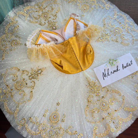 Golden Yellow and White Ballet Tutu with Embellished Bodice and Ruffled Lace Sleeves - MDT1137