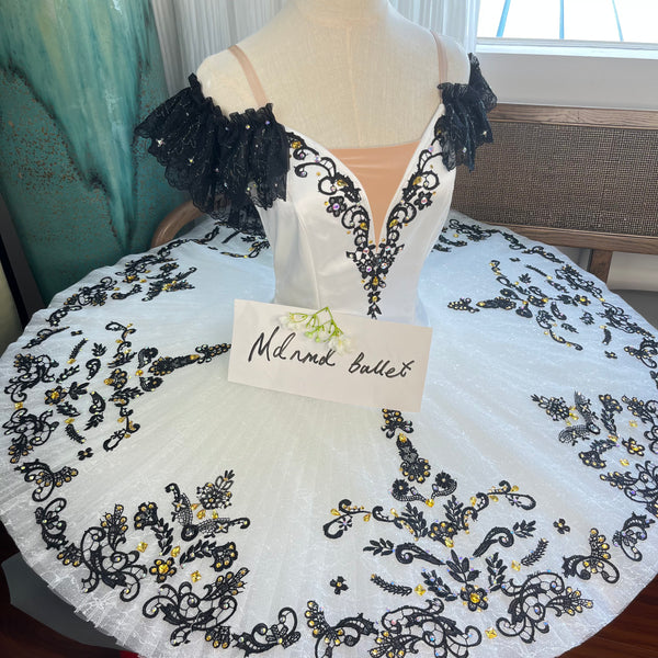 Classic White Ballet Tutu with Black Lace Embellishments and Off-Shoulder Detail - MDT1136