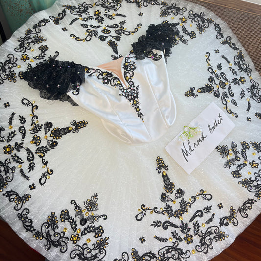 Classic White Ballet Tutu with Black Lace Embellishments and Off-Shoulder Detail - MDT1136