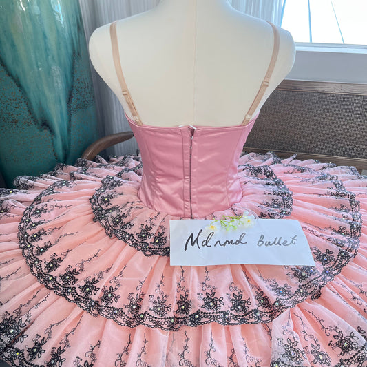 Elegant Pink Professional Ballet Tutu with Black Lace Accents - MDT0966