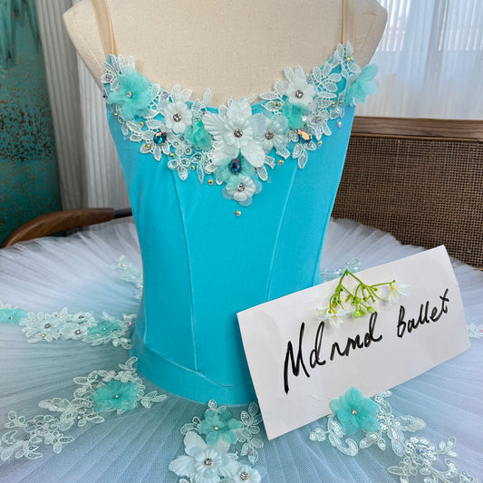 Aqua Blue Ballet Tutu with Floral Lace Embellishments - JYT0013