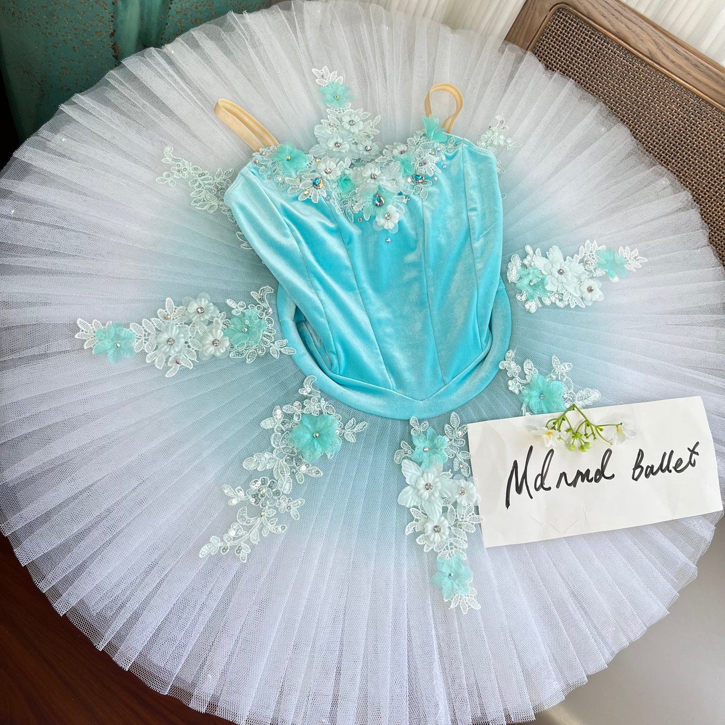 Aqua Blue Ballet Tutu with Floral Lace Embellishments - JYT0013