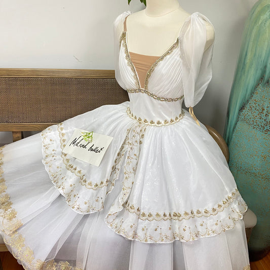 Dawn Goddess White Long Ballet Dress with Gold Lace Embroidery - Professional Ballerina Performance Costume-MDC0488