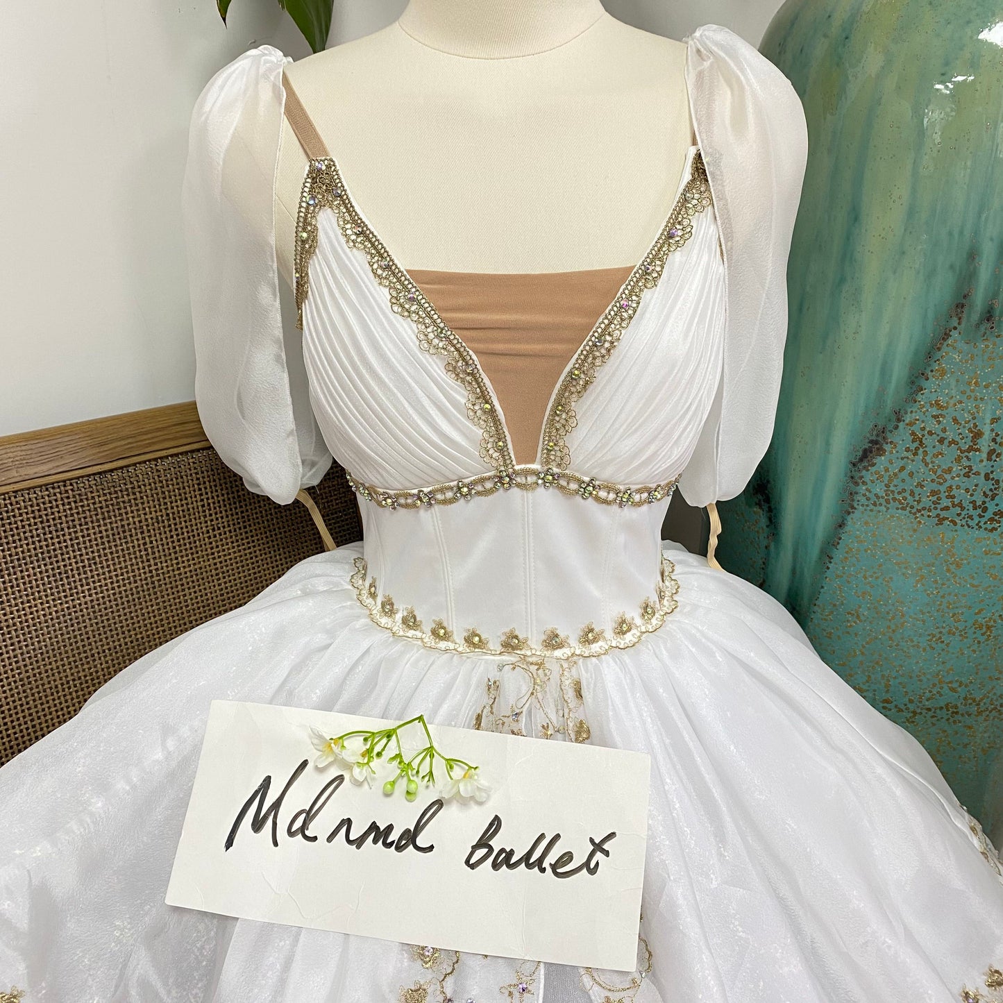 Dawn Goddess White Long Ballet Dress with Gold Lace Embroidery - Professional Ballerina Performance Costume-MDC0488