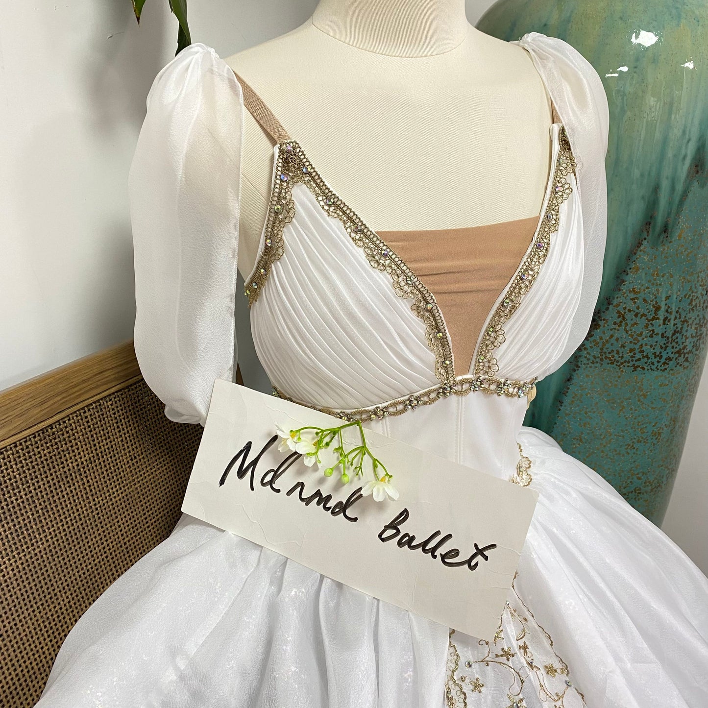 Dawn Goddess White Long Ballet Dress with Gold Lace Embroidery - Professional Ballerina Performance Costume-MDC0488