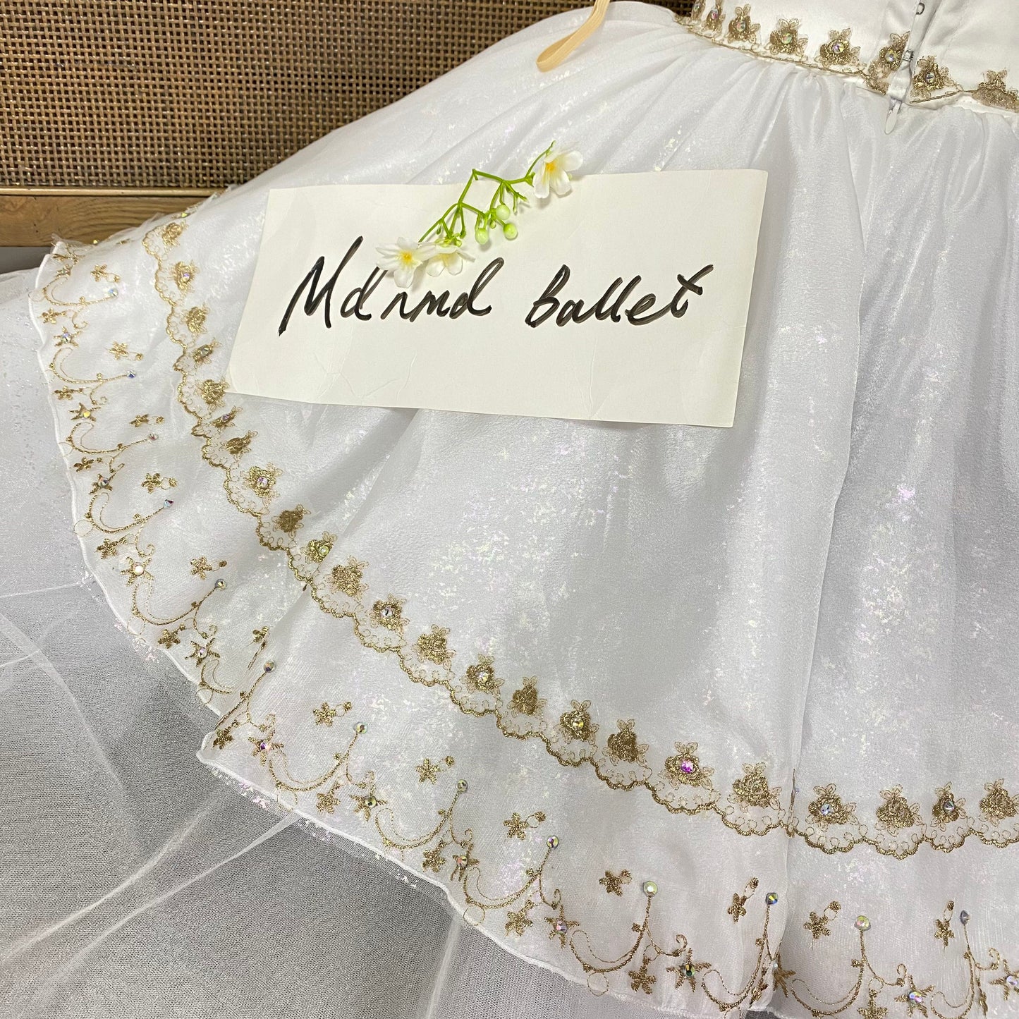Dawn Goddess White Long Ballet Dress with Gold Lace Embroidery - Professional Ballerina Performance Costume-MDC0488