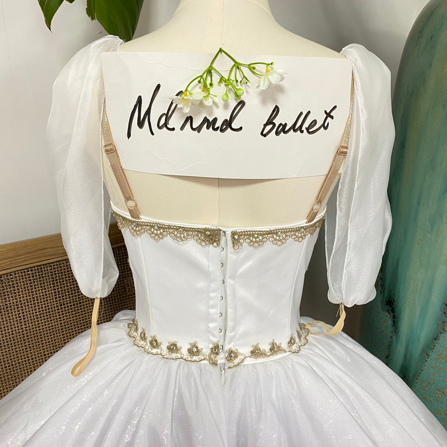 Dawn Goddess White Long Ballet Dress with Gold Lace Embroidery - Professional Ballerina Performance Costume-MDC0488
