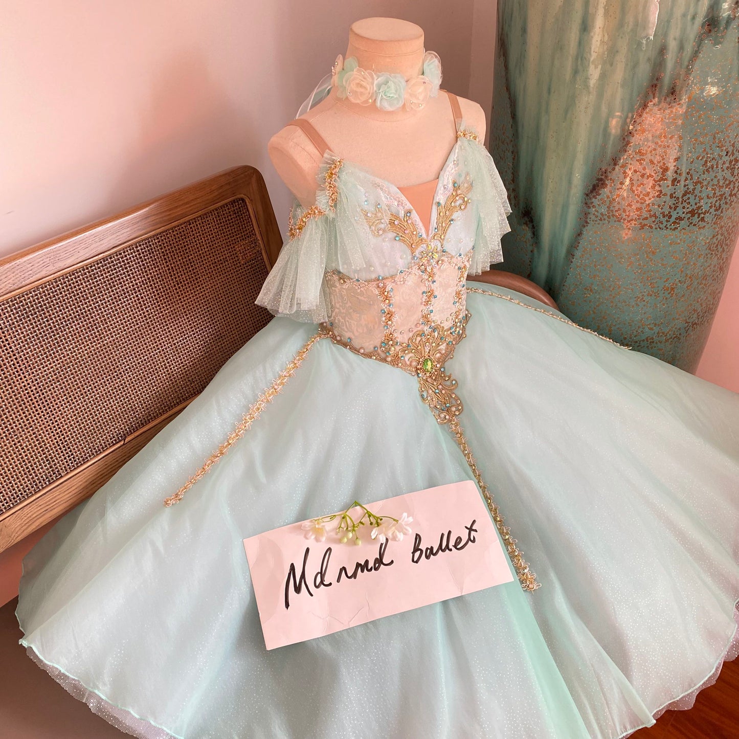 Light Green Romantic Ballet Maxi Dress with Golden Lace & Green Rhinestones - Suitable for Girls and Adults-MDC0817