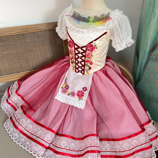 Romantic Red Lace - trimmed Ballet Dresses for Girls: Handmade Dreamy Swan Lake - inspired Long Skirts-MDC1082