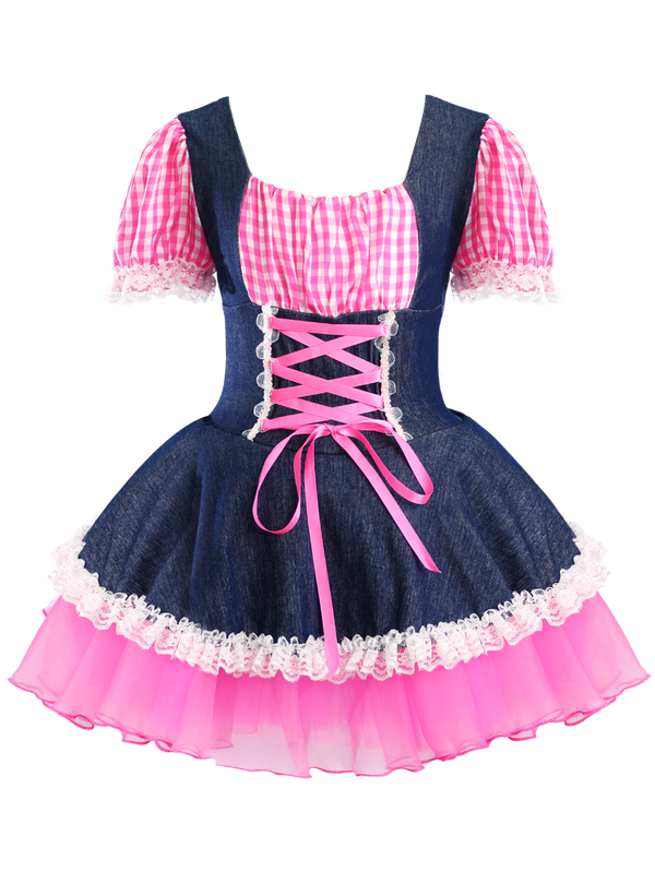 Girls Denim Pink Gingham Puff Sleeve Lace Up Tutu Dress Costume