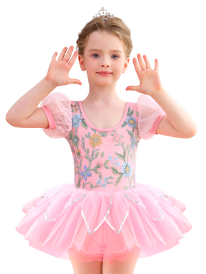 Girls Floral Embroidery Ballet Tutu Dress, Puff Sleeve Dance Costume-ALP045