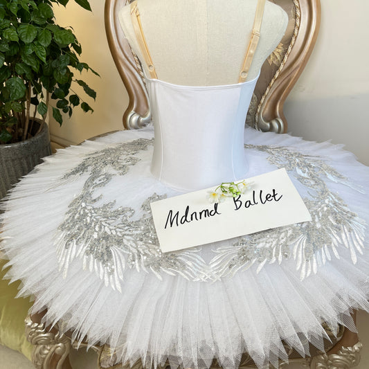 Exquisite White Swan Ballet Tutu Dress with Silver Appliqué Detailing - JYT0019