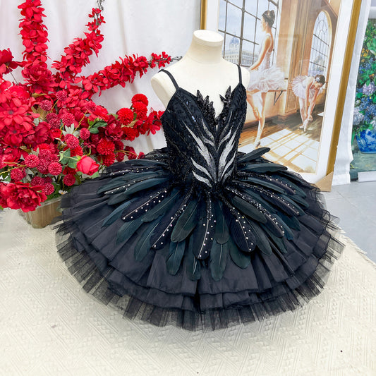 Classic Black Swan Themed Ballet Tutu Stiff Tulle Skirt for Recitals & Competitions Custom Sizes-MDT1679
