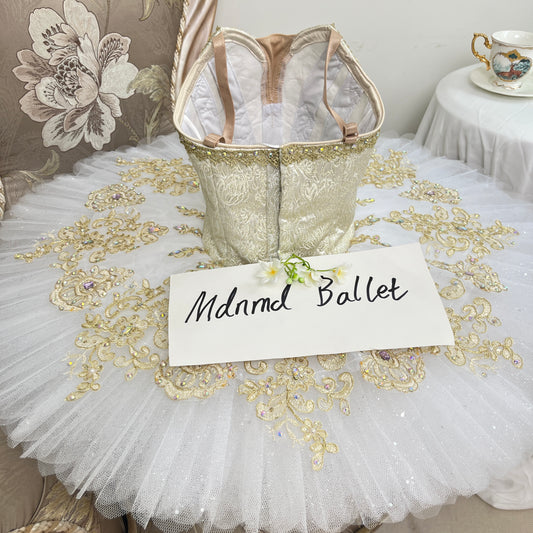 Deluxe White and Gold Classical Ballet Tutu with Embellishments - MDT0317