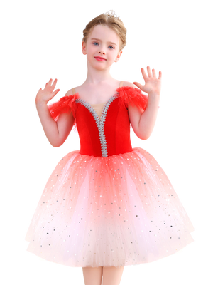 Sparkly Ombre Red Girls Ballet Tutu Dress Velvet Dance Party Performance Costume-ALP070