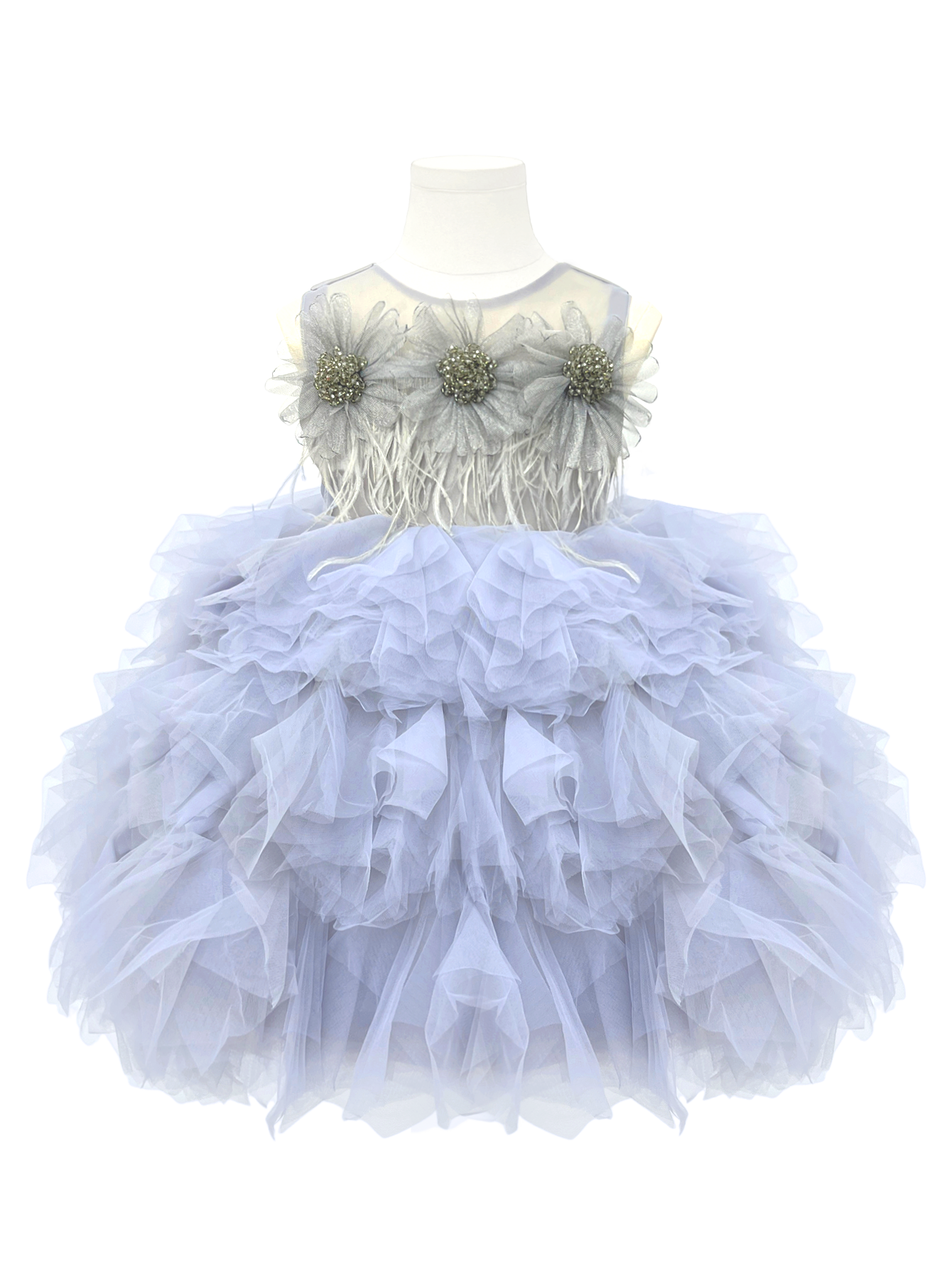 Silver Grey Feather Flower Girl Dress - Tiered Tulle Princess Gown-J288