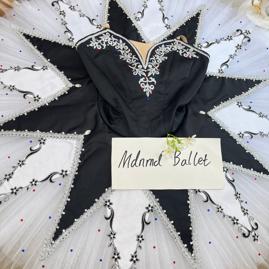 Elegant Black & White Embroidered Ballet Tutu Costume - MDT0001