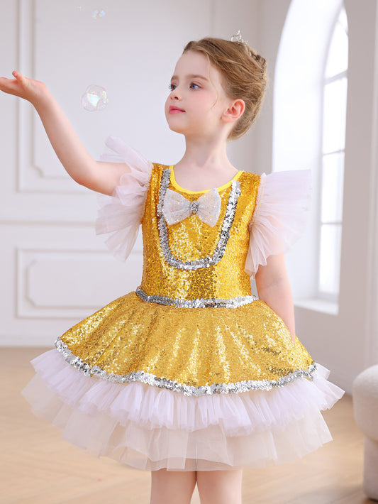 ALP065 Girls' Golden Sequin Princess Dress | Perfect for Birthdays & Dance Performances