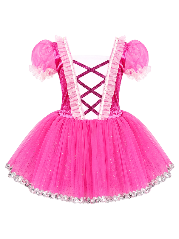 Girls Hot Pink Velvet Puff Sleeve Glitter Tulle Ballet Tutu Dress