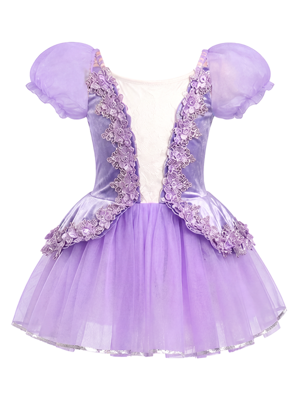 Girls Lavender Velvet Puff Sleeve Floral Lace Ballet Tutu Dress