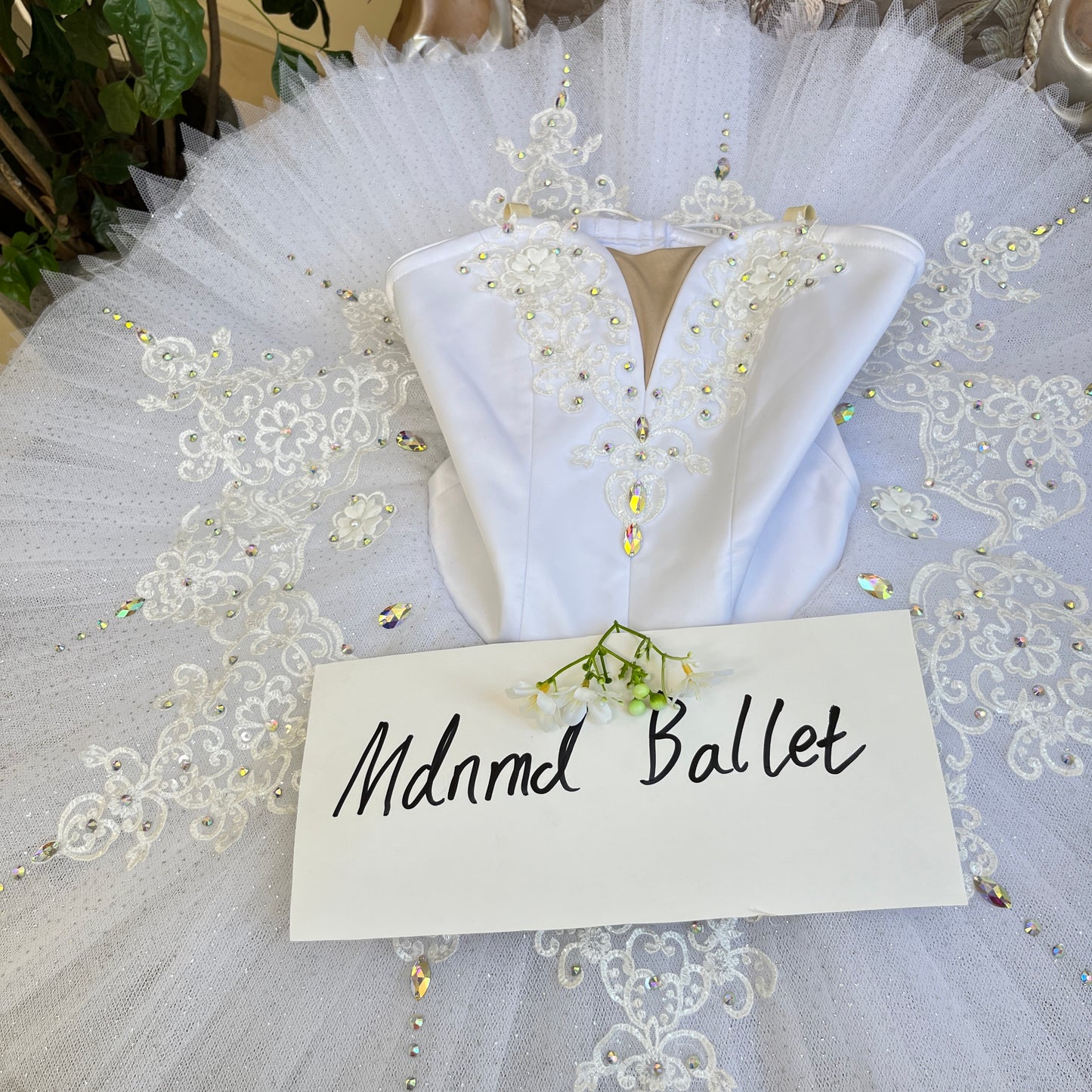 White Lace Ballet Tutu Dress for Girls – Rhinestone Embellished Performance Wear - MDT0164